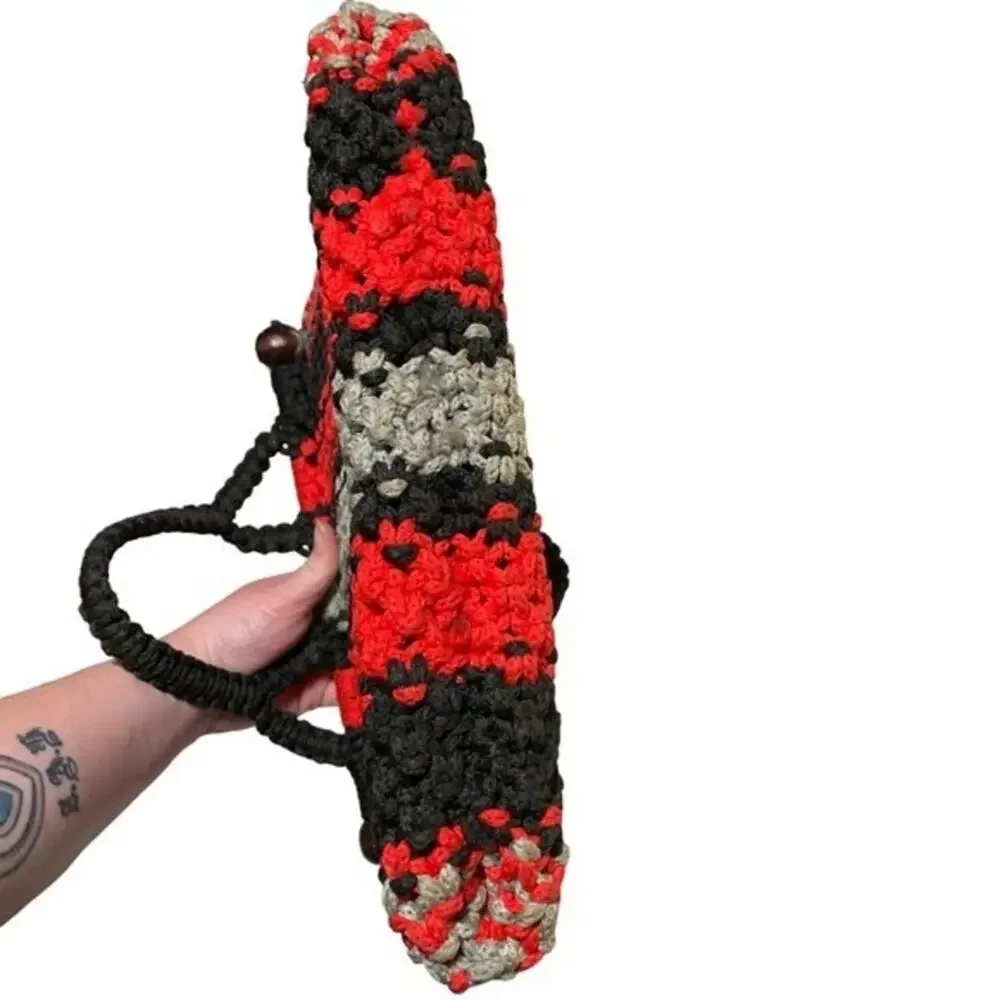 Crochet Red Black Gray Purse Handbag with Dark Wood Embellishments. Handmade